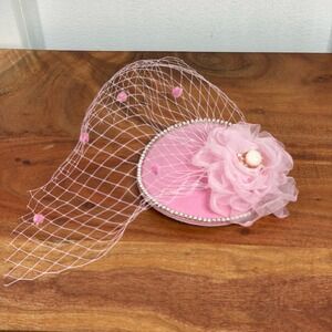 Pink Fascinator Hat Veil Flower Pearl Rhinestone Clip Women Headpiece